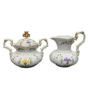 Lissi Kaplan Giftcraft‎ China Crocus Sugar Pot & Creamer with Gold Top and Rim